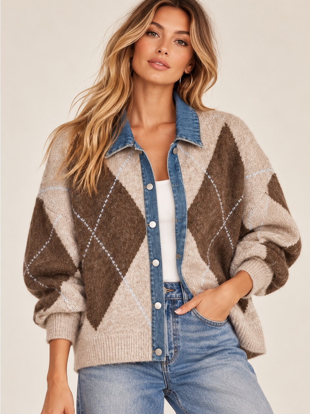 019. Classic Argyle Knit Sweater - Beige & Brown